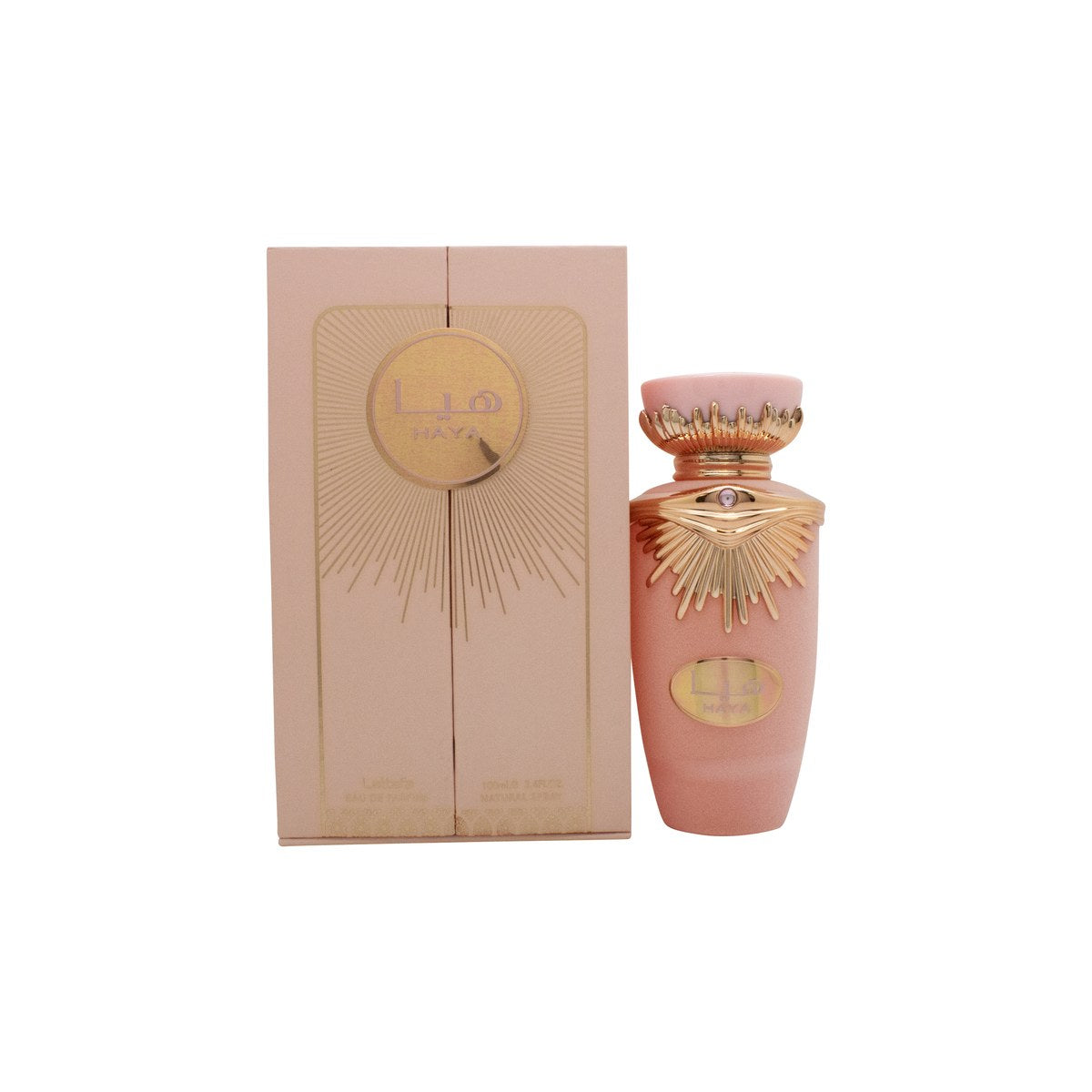 Lattafa Haya Eau de Parfum 100 ml – lyserød glasflaske med guldmønster og rund hætte i elegant design