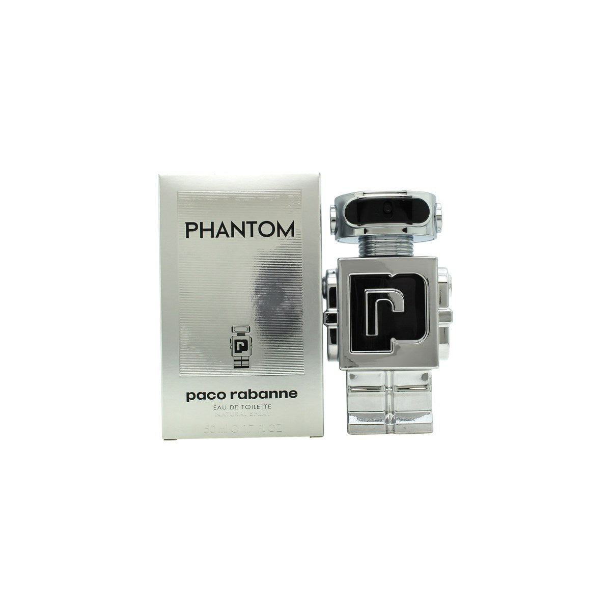 Paco Rabanne Phantom Eau de Toilette 50 ml, Paco Rabanne – sølvfarvet robotformet flakon med sort top og blank finish