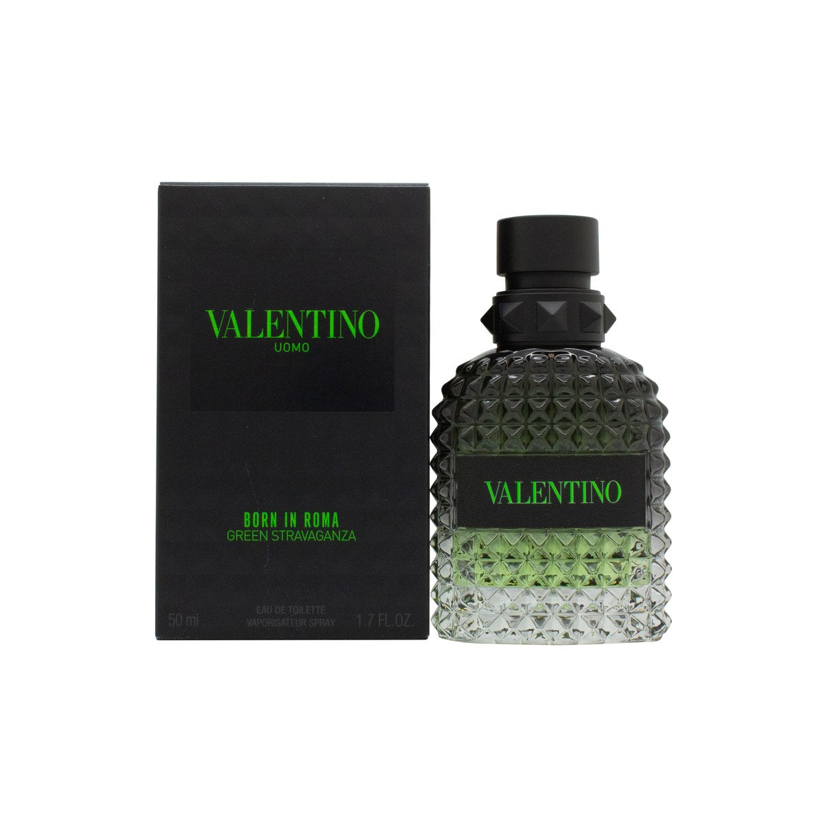 Valentino Uomo Born in Roma Green Stravaganza Eau de Toilette 50 ml fra Valentino – grøn nittet flakon med sort låg