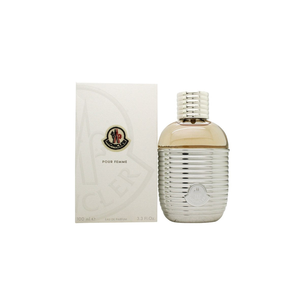 Moncler Pour Femme Eau De Parfum Moncler 100 ml, flakon med klatreinspireret form, klar flaske og sølvfarvet hætte