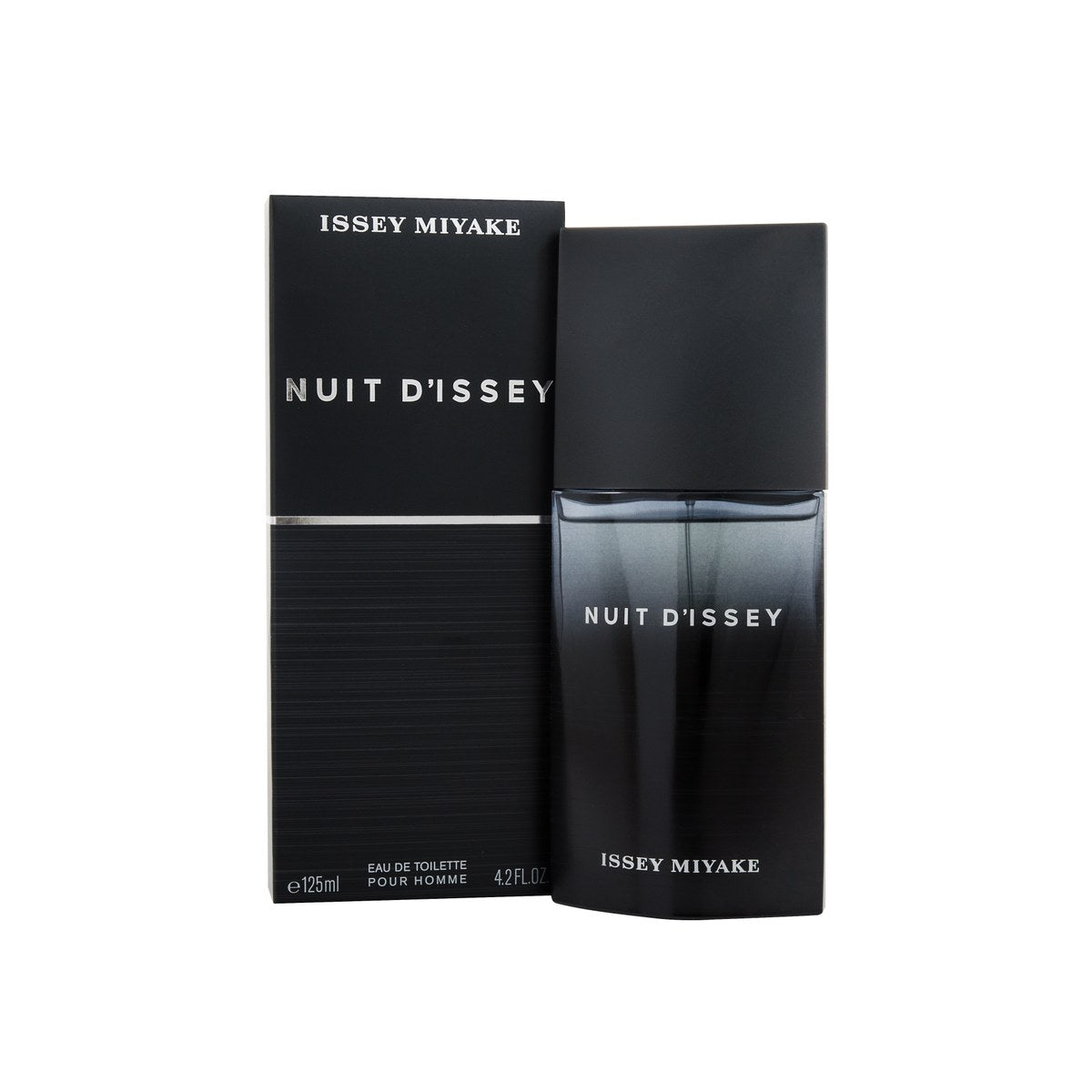 Nuit D'Issey Eau De Toilette Issey Miyake 125 ml, sort rektangulær glasflakon med minimalistisk design og mørk stemning