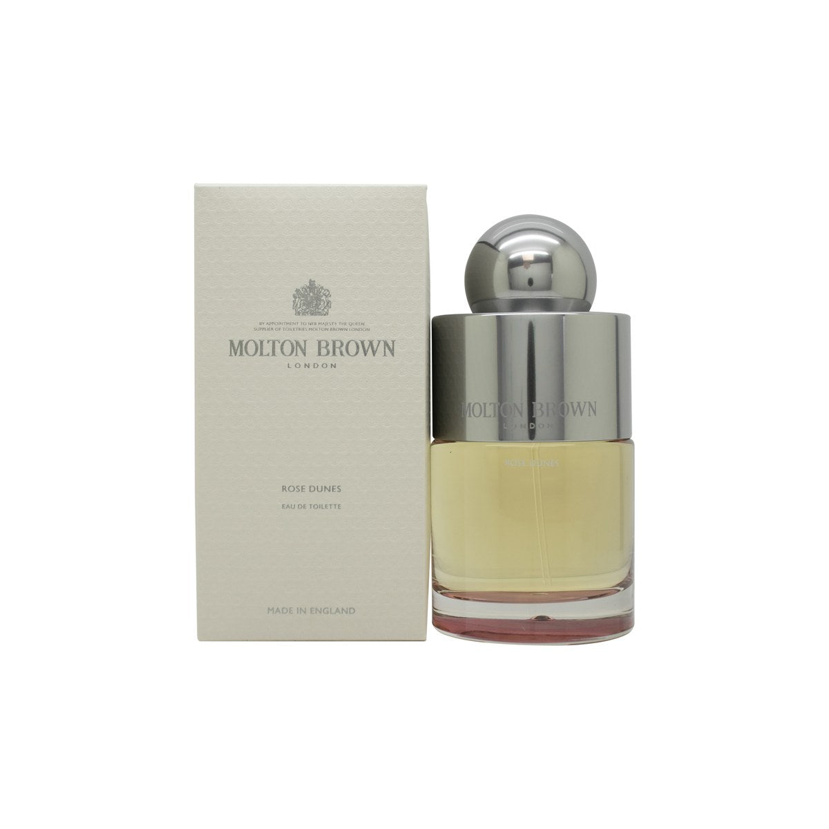 Molton Brown Rose Dunes Eau de Toilette 100 ml – klar cylindrisk glasflaske med ravfarvet duft og sølv låg