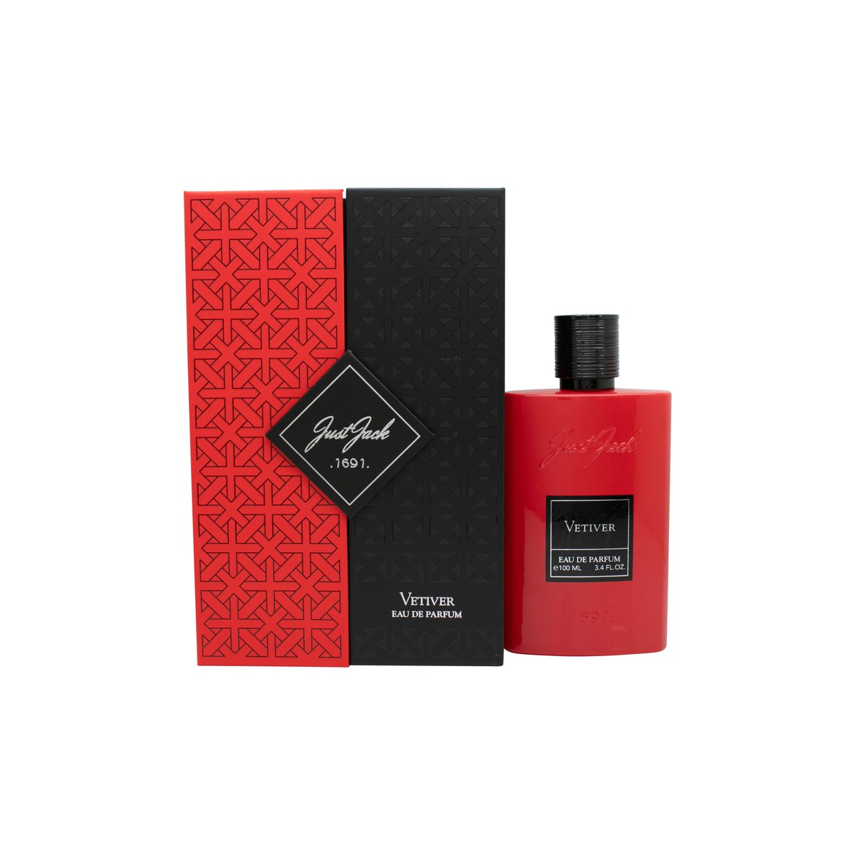 Just Jack Vetiver Eau de Parfum 100ml, Just Jack 100 ml – klar firkantet glasflaske med sort etiket og sort låg