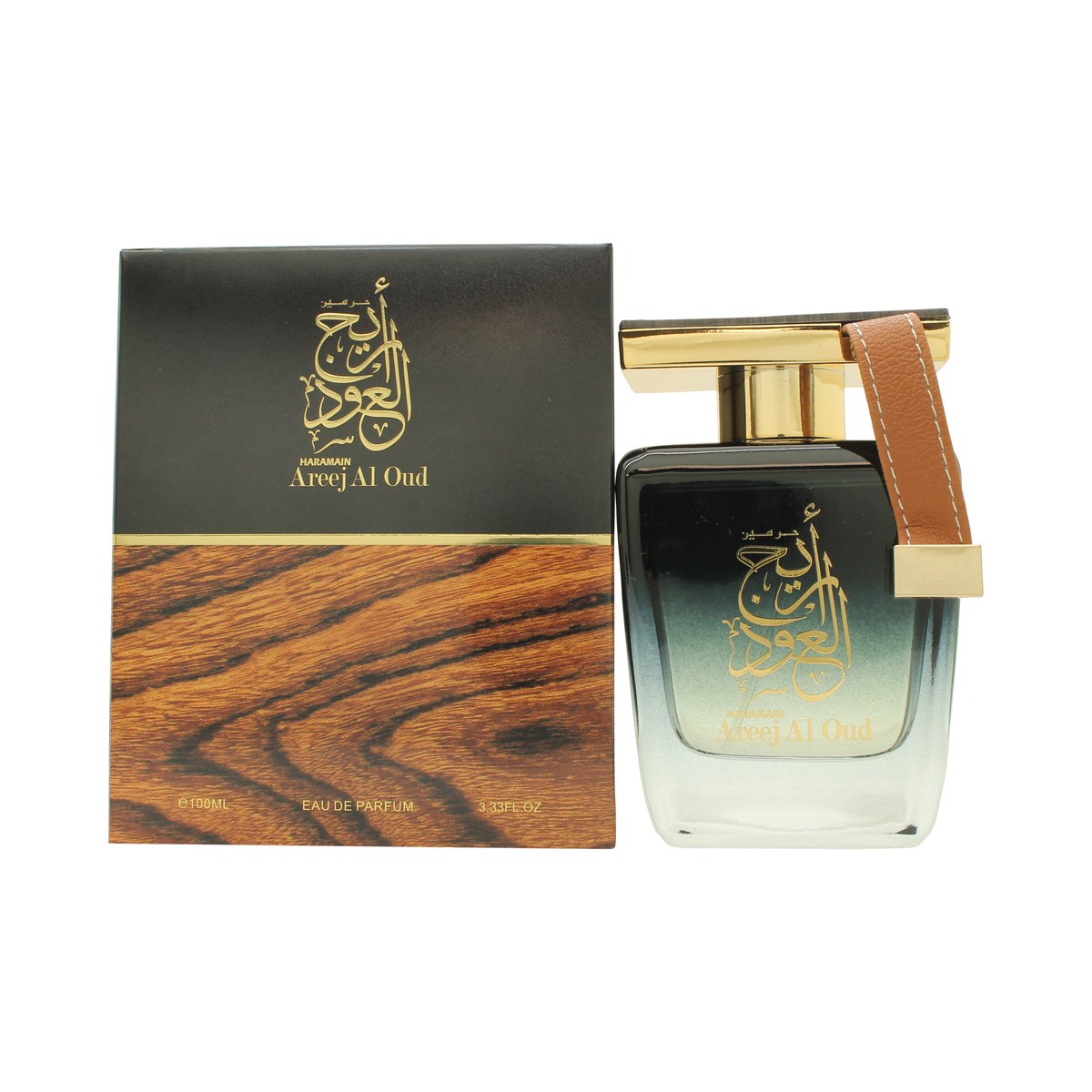 Al Haramain Areej Al Oud Eau de Parfum 100 ml fra Al Haramain, gylden flakon med sort låg og orientalsk detaljeret design