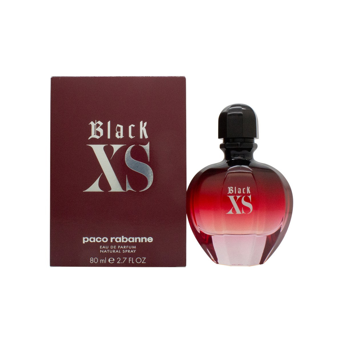 Paco Rabanne Black XS Eau de Parfum 80 ml, Paco Rabanne – sort flakon med gradient og rosemotiv, afrundet form og spraytop