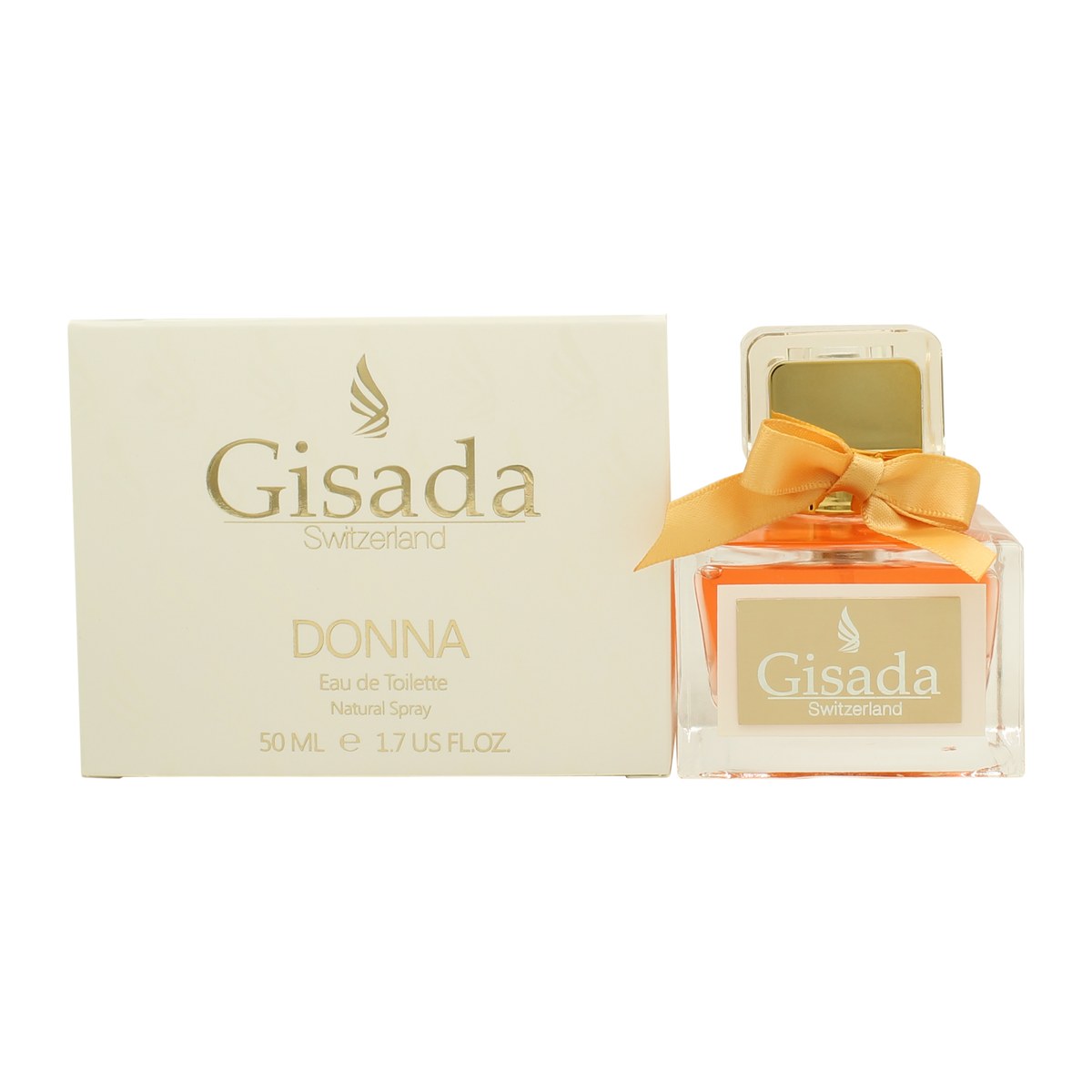 Gisada Donna Women Eau De Toilette, Gisada, 50 ml, klar glasflaske med lys rosa væske, gylden rund hætte og feminint design