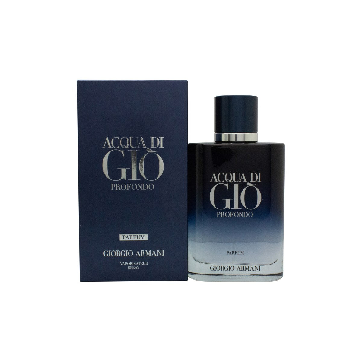 Giorgio Armani Acqua di Giò Profondo Parfum 100 ml – Giorgio Armani, mørkeblå glasflakon med sølvfarvet låg.