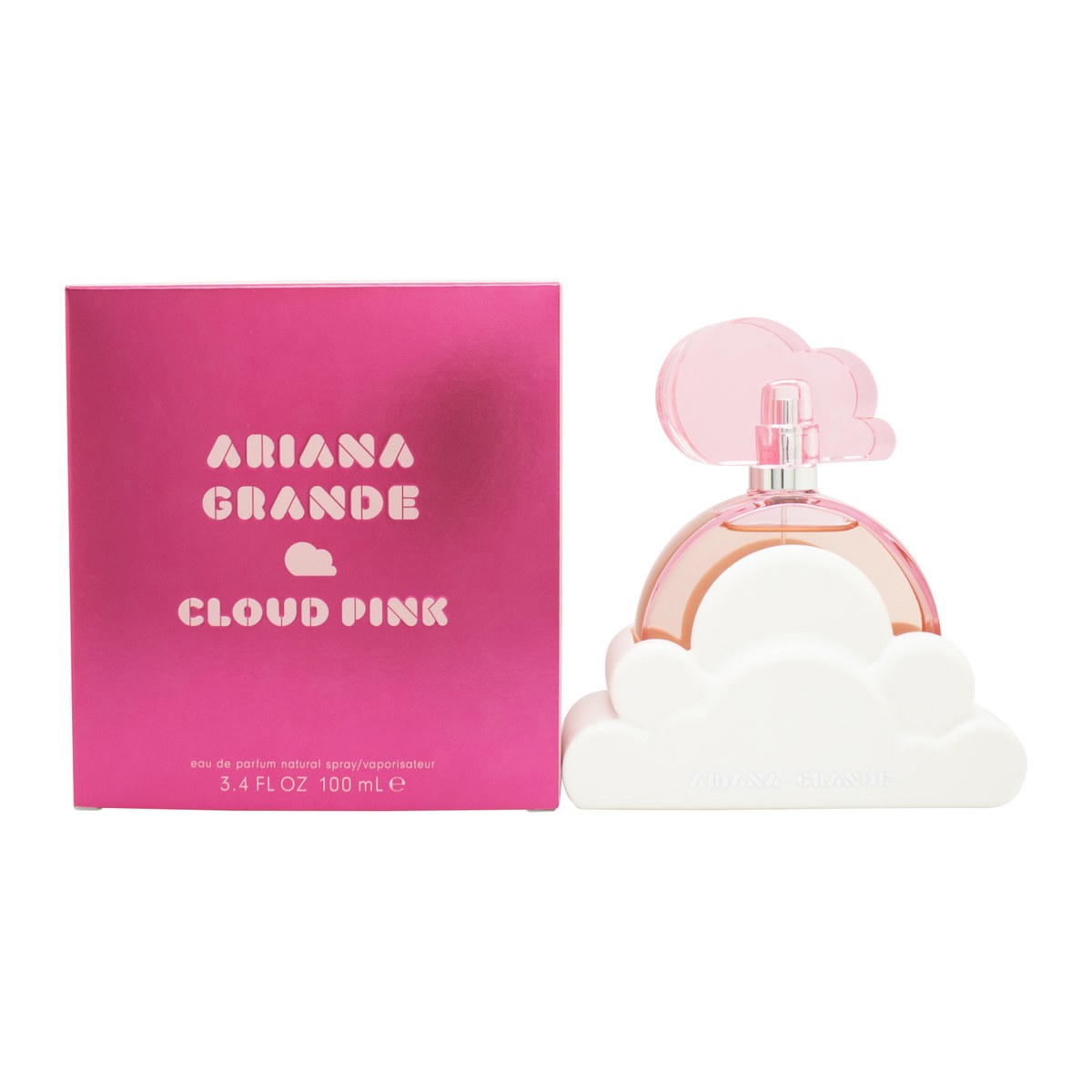 Ariana Grande Cloud Pink Eau de Parfum 100 ml – lyserød glasflakon med rund form og hvid skybase i blødt design