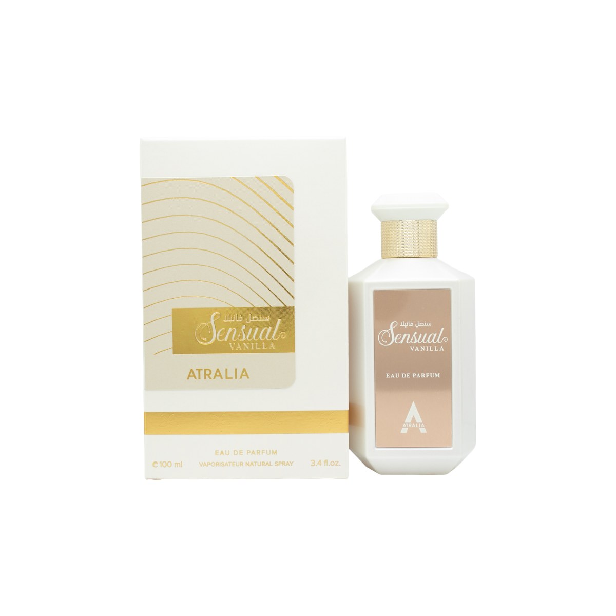 Atralia Sensual Vanilla Eau de Parfum 100 ml fra Atralia i klar glasflaske med gylden væske og minimalistisk guldlåg.