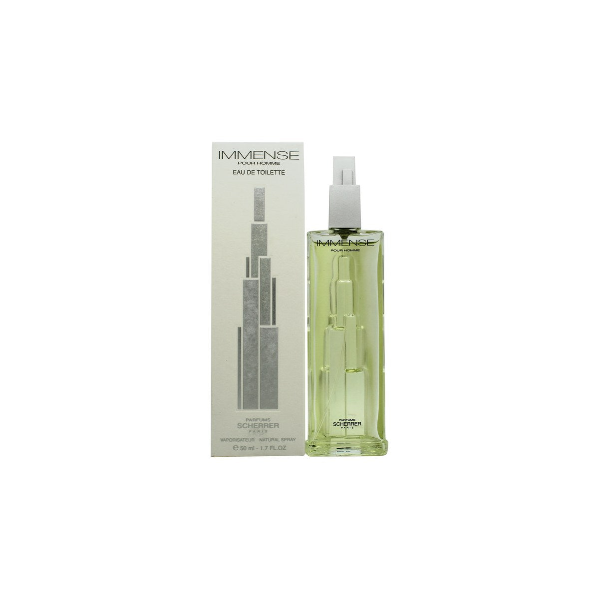 Jean-Louis Scherrer Immense Pour Homme Eau de Toilette 50 ml, klar glasflaske med mørkeblå væske og sølvlåg, firkantet design.