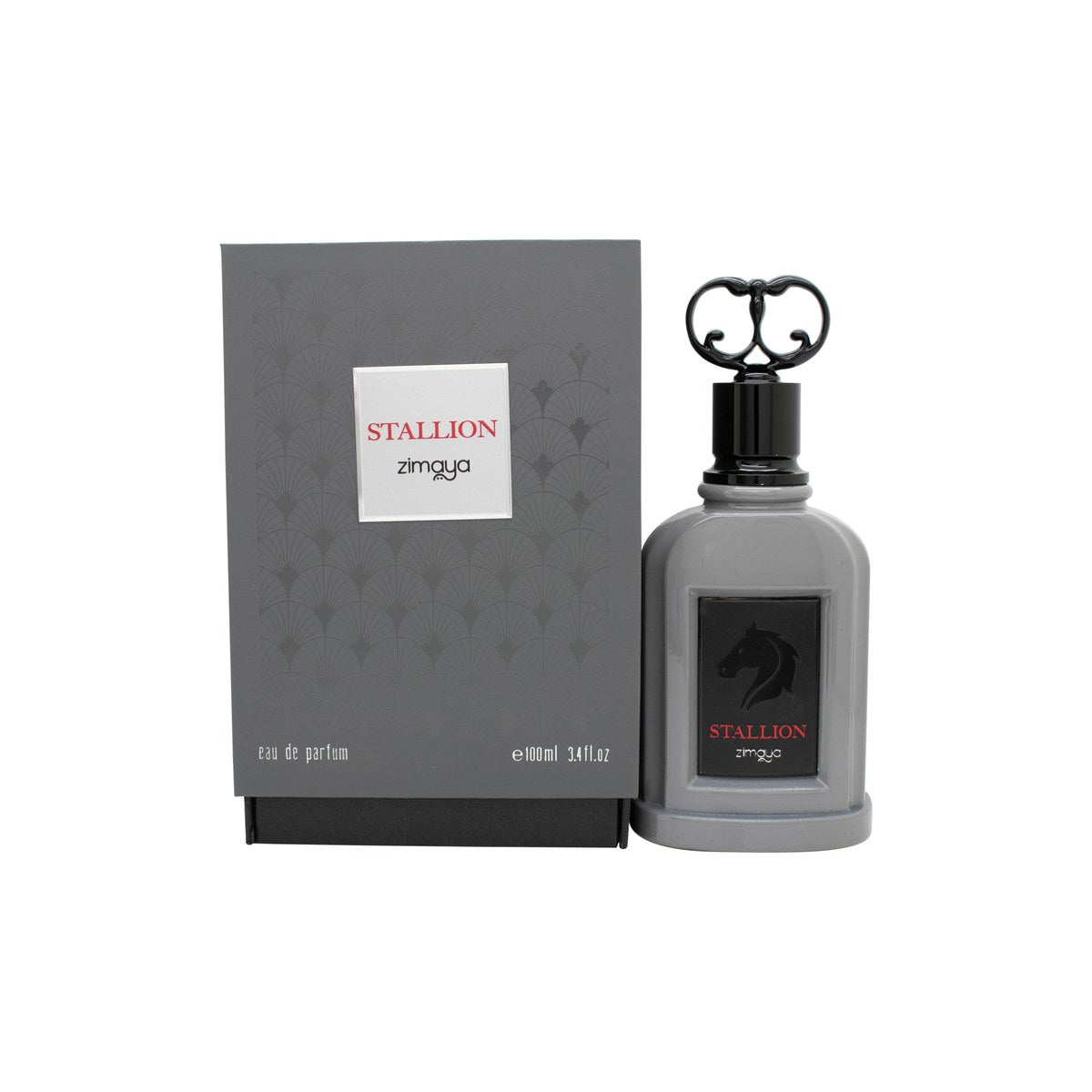 Zimaya Stallion Eau de Parfum 100ml, Zimaya, 100 ml – rektangulær sort glasflaske med gyldent hesteemblem og kantet låg