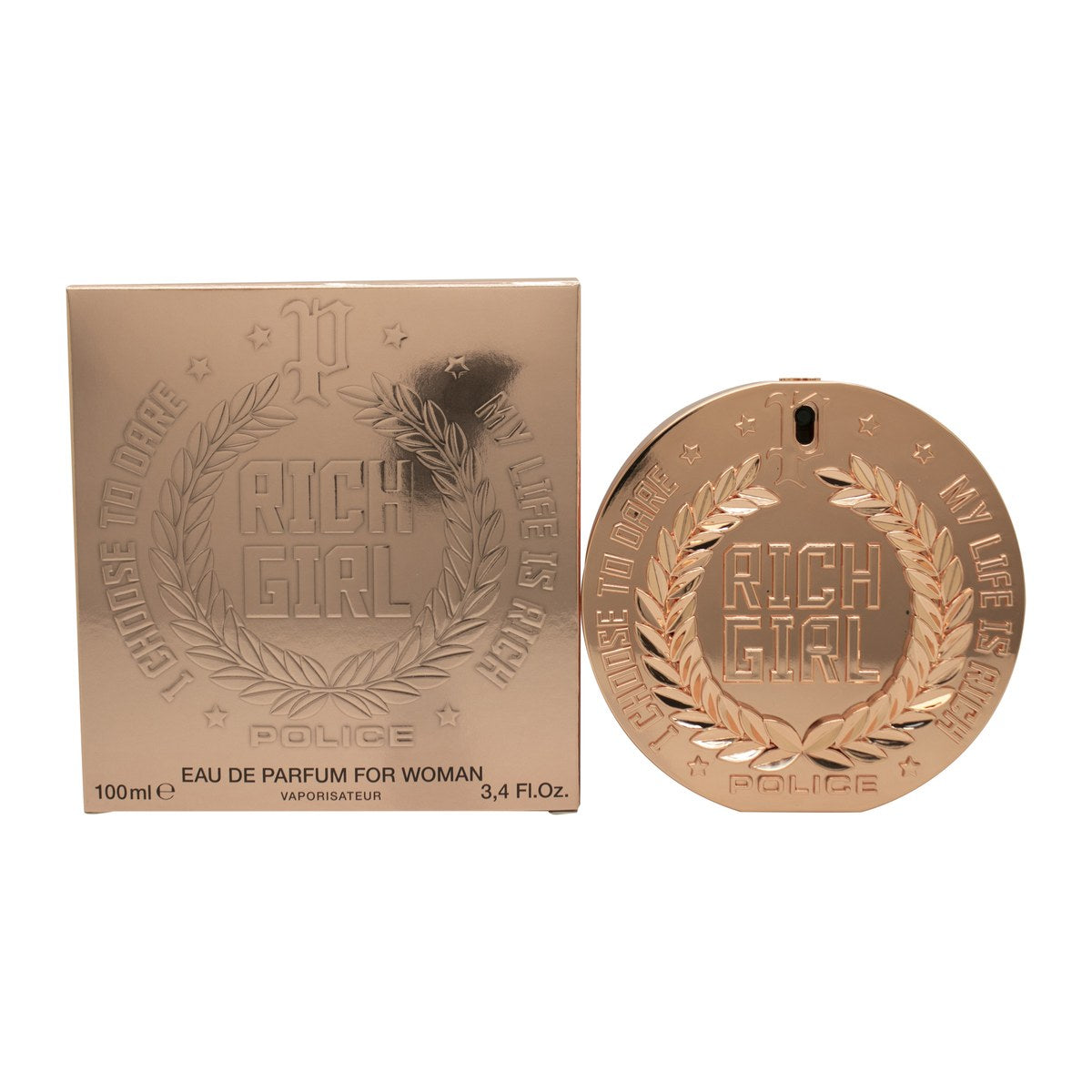 Police Rich Girl Eau de Toilette, Police, 100 ml – pink kranieformet flakon med guldtonede detaljer og rosedekor