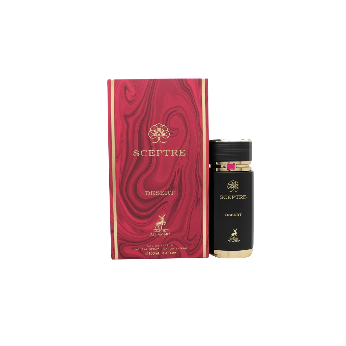 Maison Alhambra Sceptre Desert Eau de Parfum 100 ml, Maison Alhambra – gylden flakon med kantet form og dekorativt låg