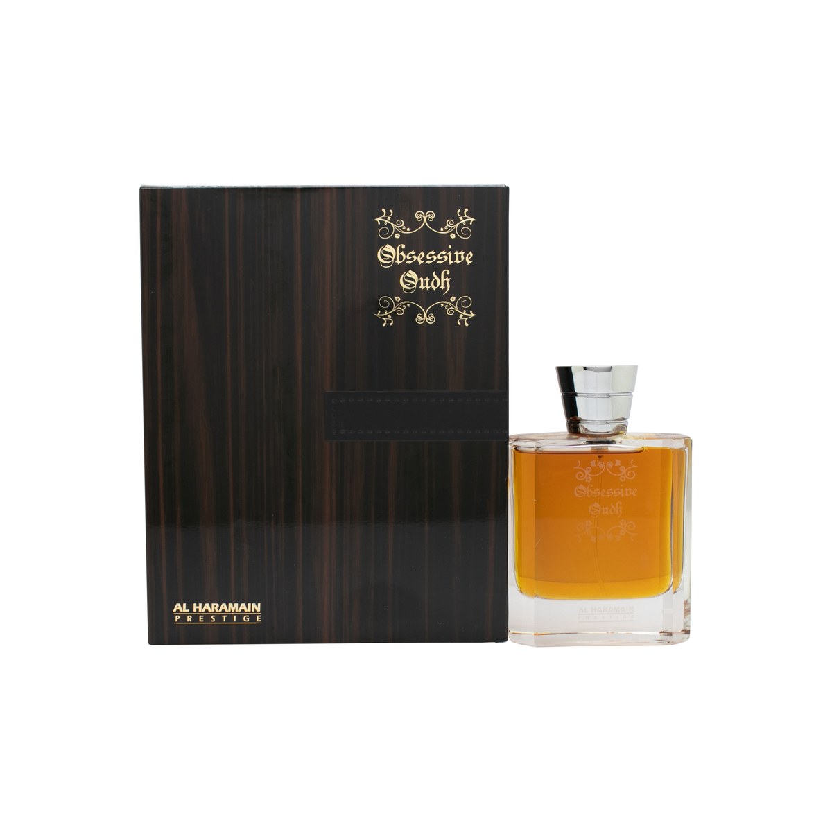 Al Haramain Obsessive Oudh Eau de Parfum 100 ml, sort og gylden flakon med kantet form og guldkork