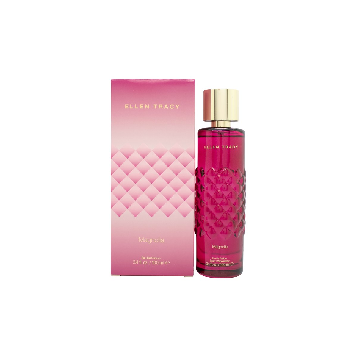 Ellen Tracy Quilted Magnolia Eau de Parfum 100 ml flakon i klart glas med quiltet mønster og sølvfarvet låg