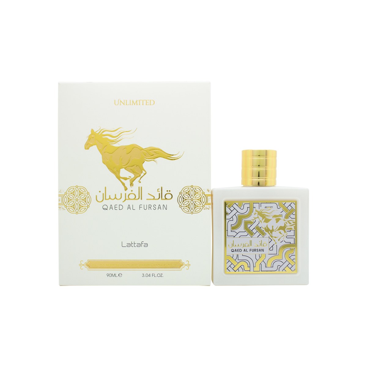 Lattafa Qaed Al Fursan Unlimited Eau de Parfum 90 ml fra Lattafa, hvid flakon med gulddetaljer og gylden kuppelformet hætte
