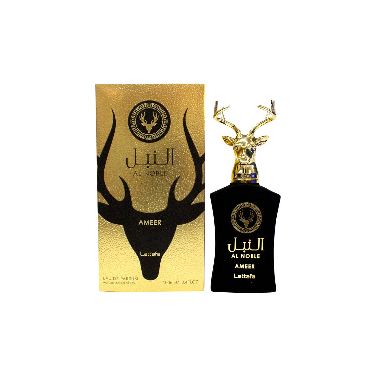 Lattafa Al Noble Ameer Eau de Parfum, Lattafa, 100 ml – sort og gylden flakon med kuppellåg og orientalsk mønster