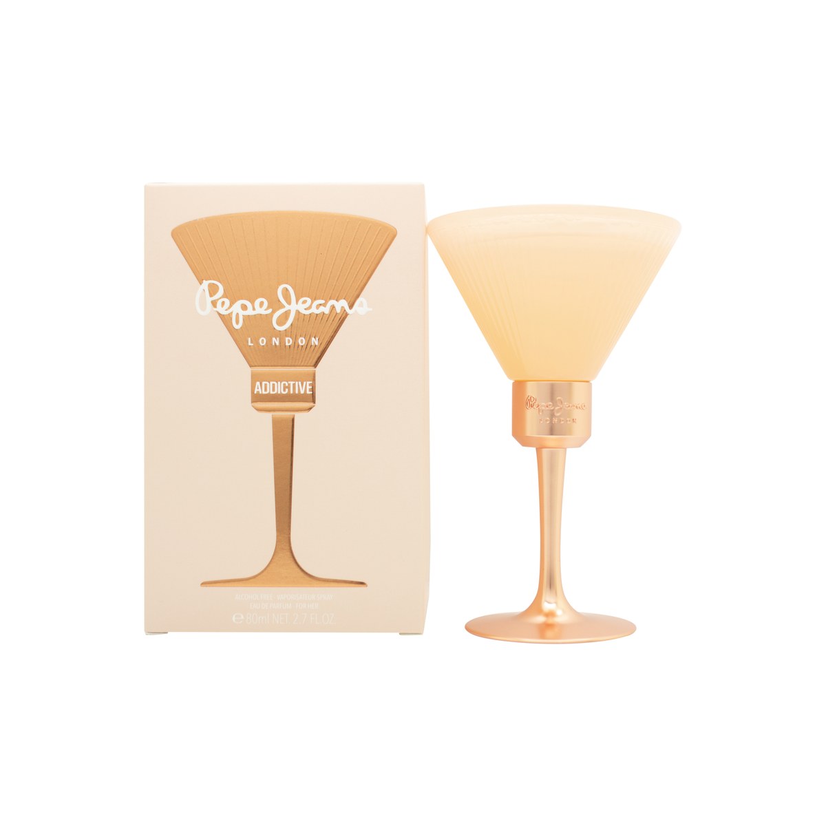 Pepe Jeans Addictive For Her Eau de Parfum 80 ml, martiniglasformet flakon i rosa glas med guldlåg og elegant facetdesign.
