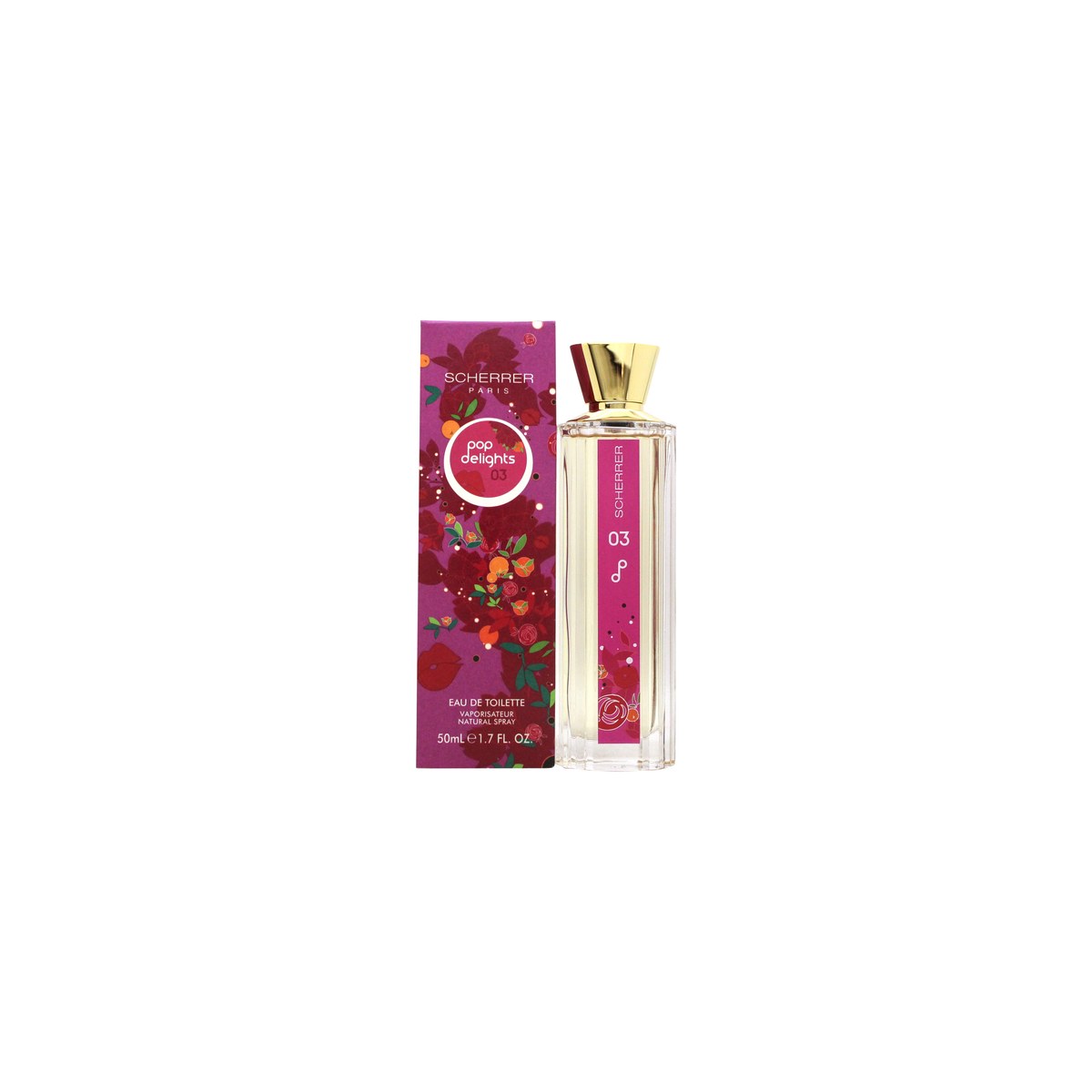 Jean-Louis Scherrer Pop Delights 03 Eau de Toilette 50 ml – klar rund glasflaske med rosa grafisk mønster og sølvfarvet spraytop