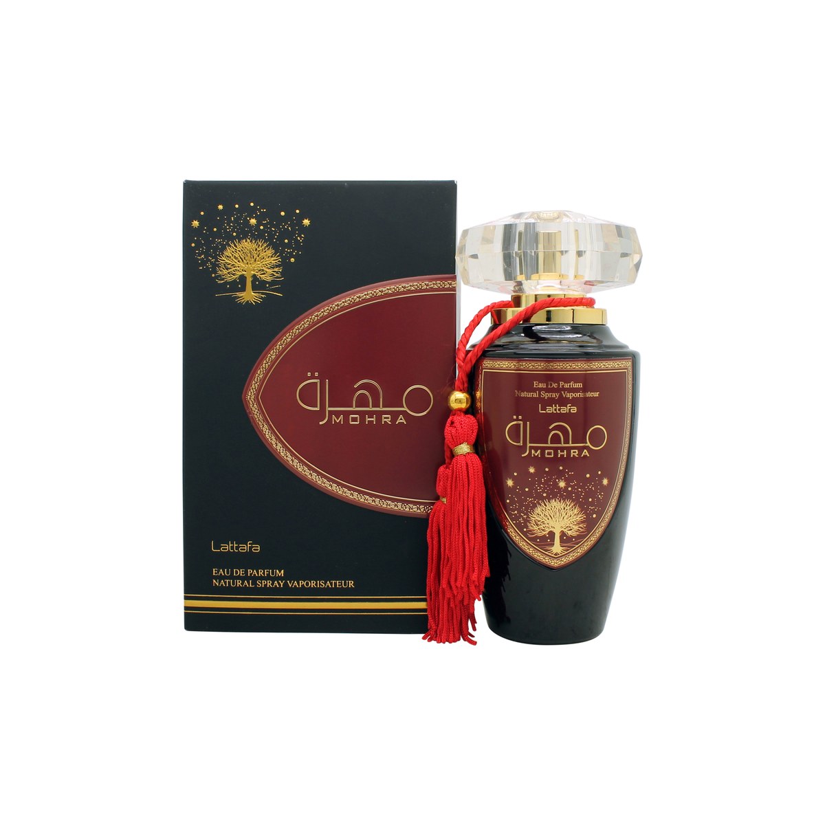 Lattafa Mohra Eau de Parfum 100 ml – mørk ravfarvet firkantet flakon med guldfarvet låg og frontplade.
