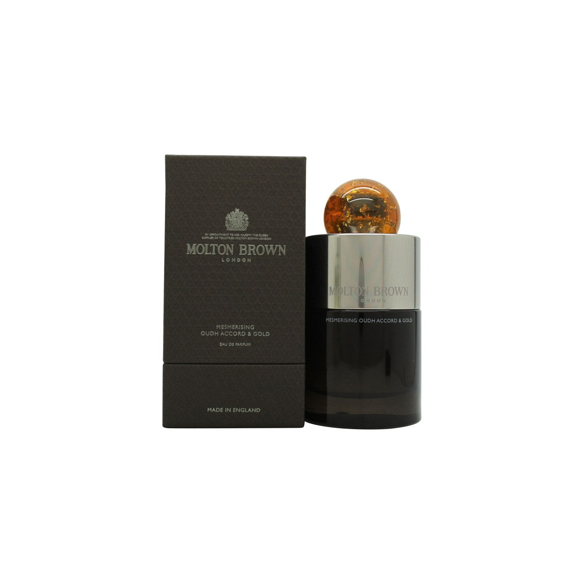 Molton Brown Mesmerising Oudh Accord & Gold Eau de Parfum 100 ml – rav glasflaske med gulddetaljer og sort kuppelformet hætte