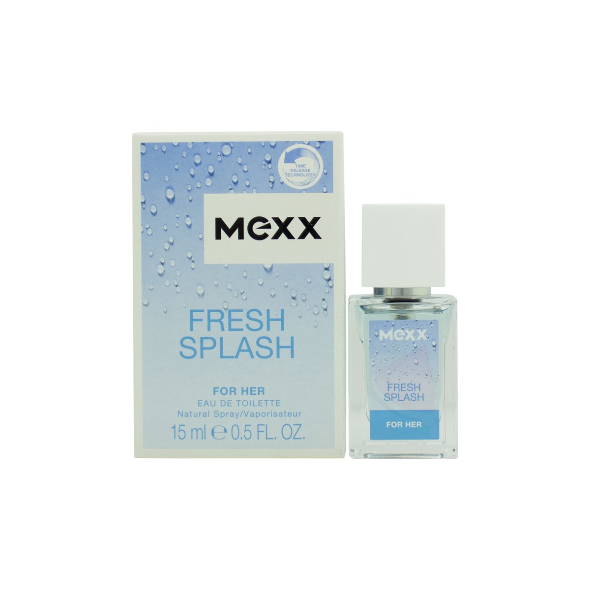 Mexx Fresh Splash for Her Eau de Toilette 15 ml fra Mexx i klar glasflaske med lyserød væske og sølvfarvet låg