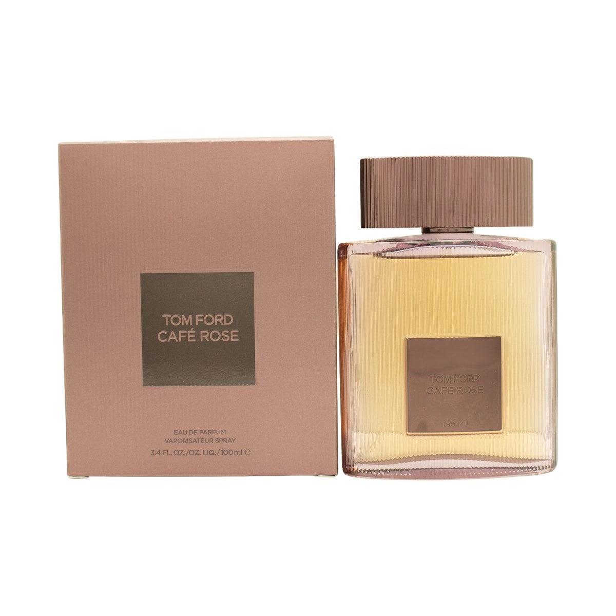 Tom Ford Café Rose (2023) Eau de Parfum 100 ml – mørk bordeaux rillet flakon med gyldent navneskilt og sort låg