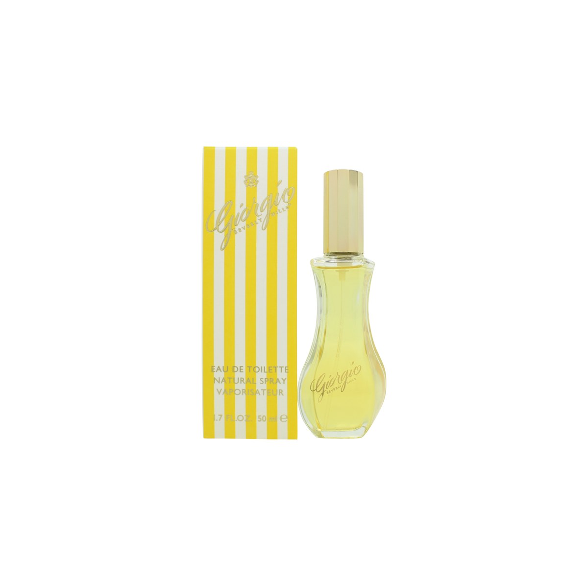 Giorgio Beverly Hills Giorgio Yellow Eau de Toilette 50 ml – klar, rund glasflakon med gul væske og sort låg