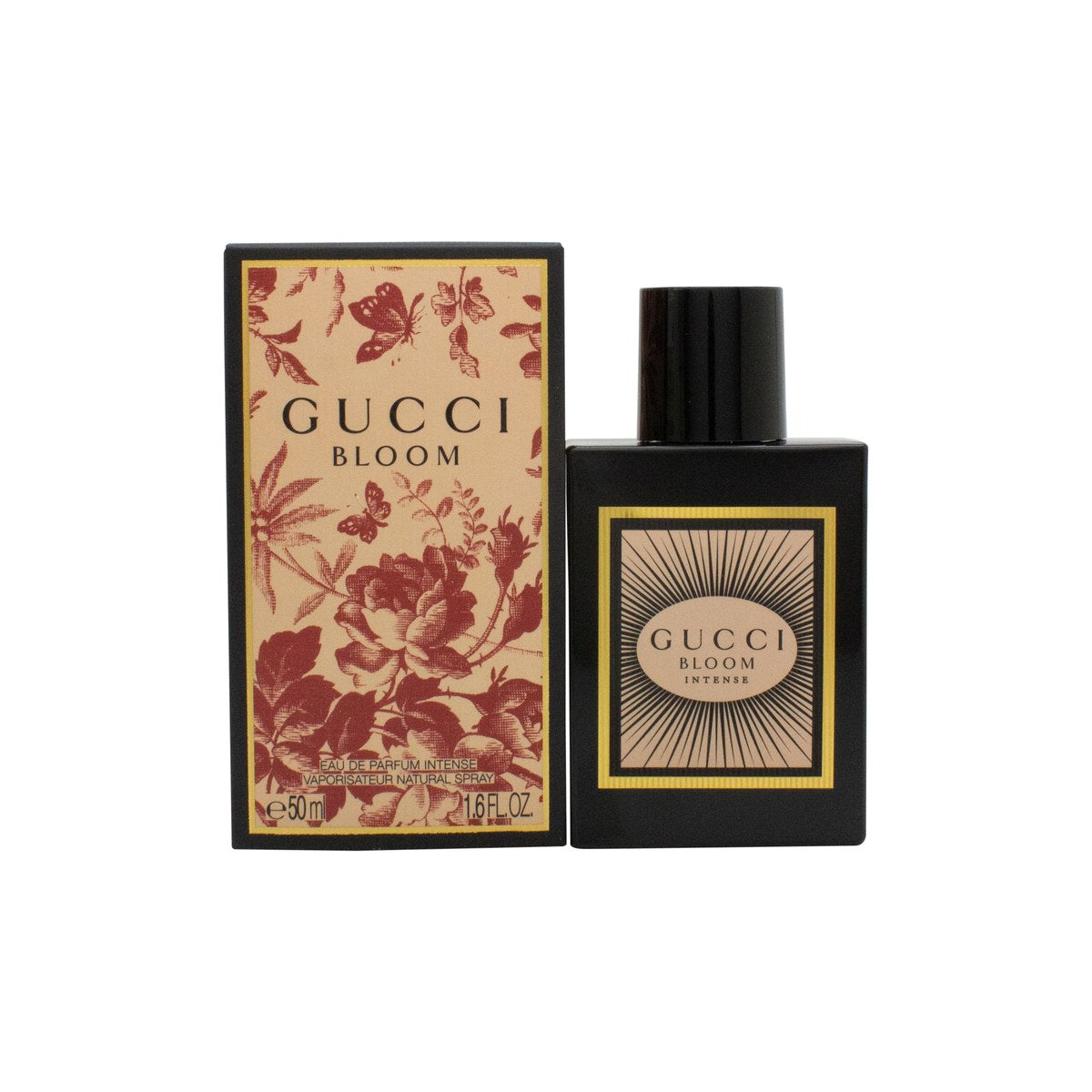 Gucci Bloom Intense Eau De Parfum Gucci 50 ml, mørk firkantet flakon med blomsterdekoreret etiket.