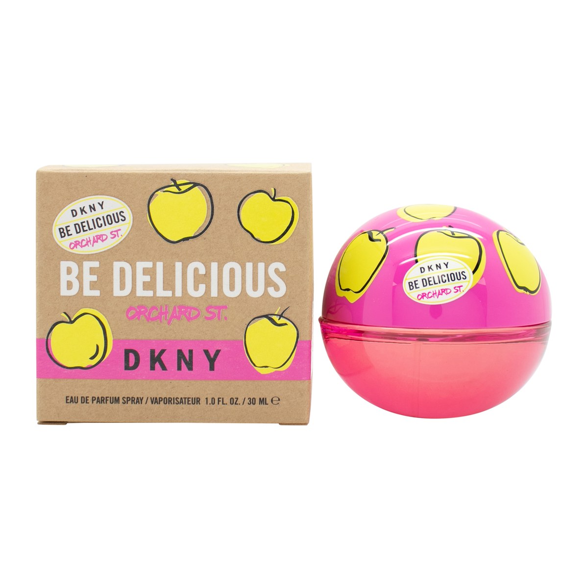 DKNY Be Delicious Orchard St Eau de Parfum 30ml i rund klar glasflaske med lyserød juice og sølvfarvet æblelåg.
