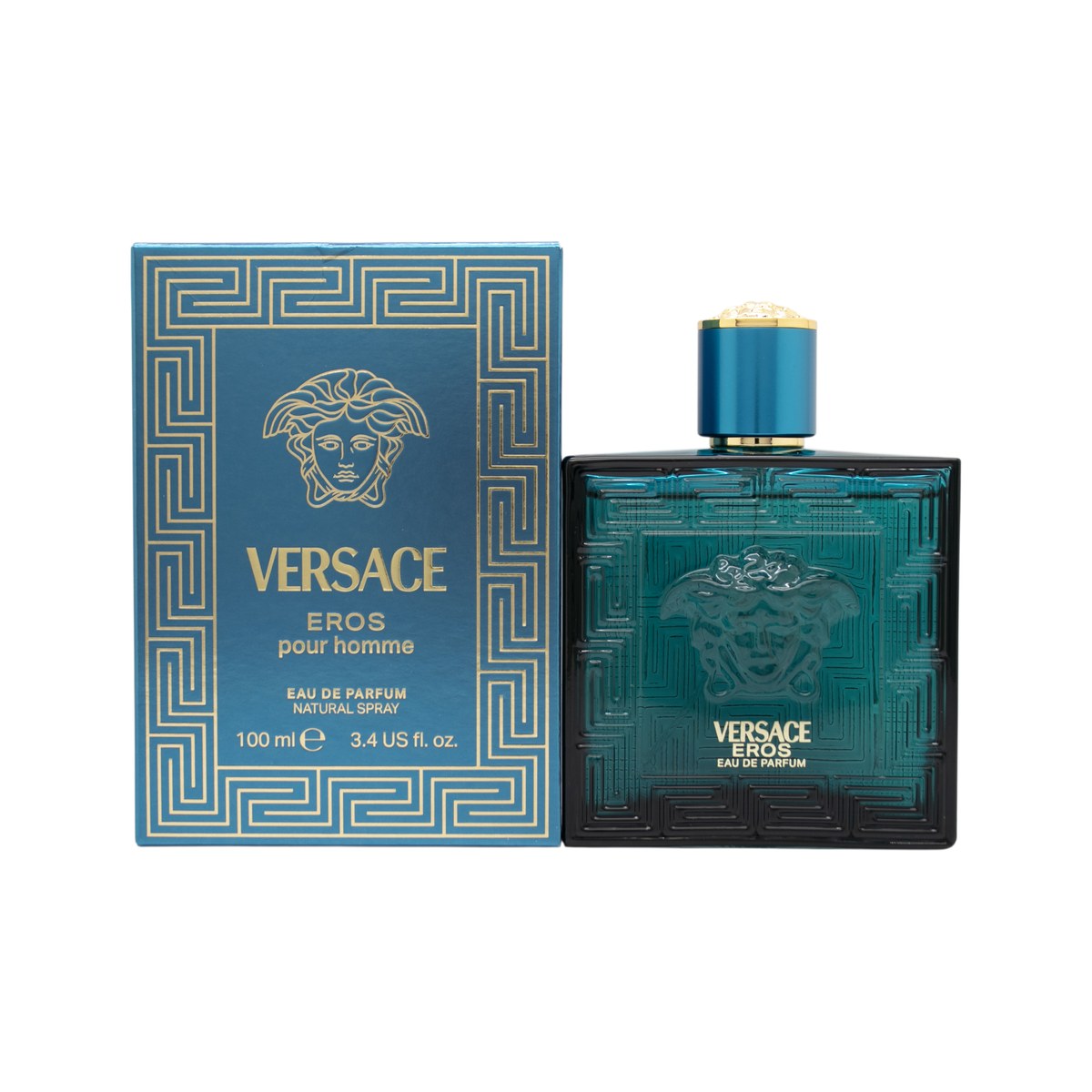 Versace Eros Parfum Eau De Parfum, Versace, 100 ml – blå firkantet flakon med guldaccenter og Medusa‑logo i midten