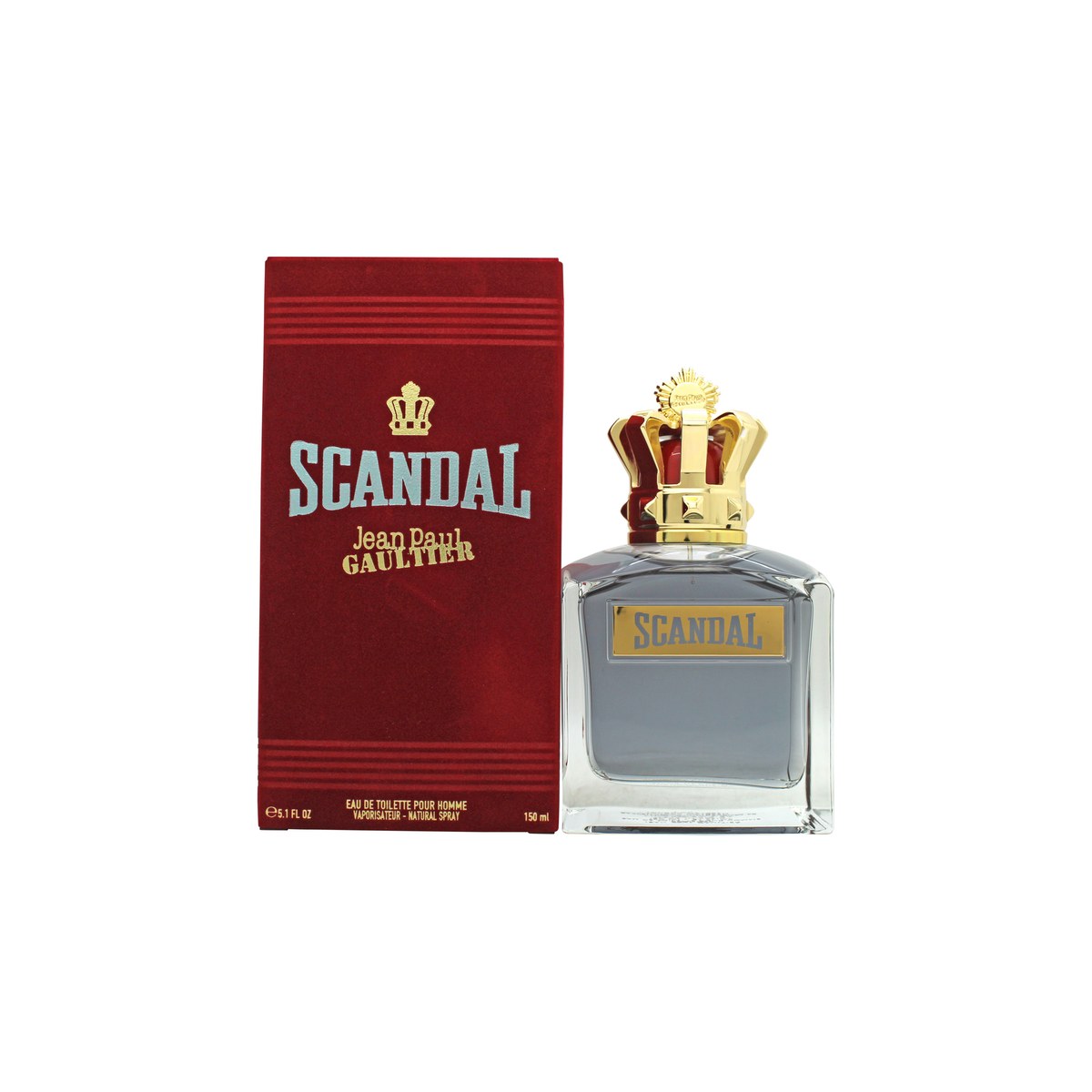 Scandal Pour Homme Eau De Toilette Jean Paul Gaultier 150 ml, mørk blågrå kvadratisk flakon med markant kroneformet låg