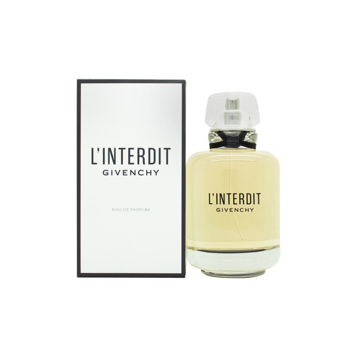 L'Interdit Eau De Parfum 125 ml Givenchy klar glasflaske med firkantet form, sort bånd og 4G-logo på halsen