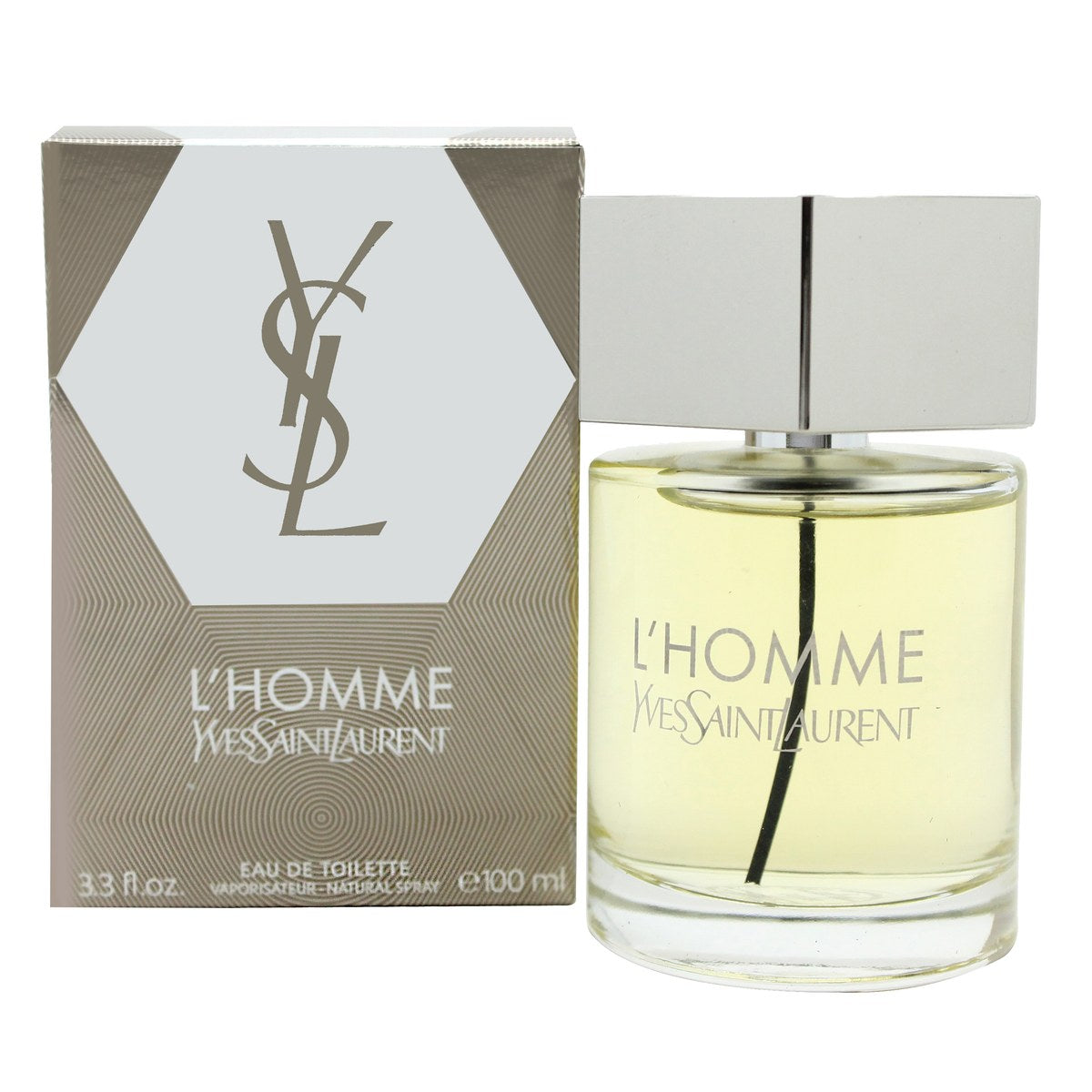 Yves Saint Laurent L'Homme Eau de Toilette, Yves Saint Laurent, 100 ml – klar glasflaske med sekskantet låg og sølvring