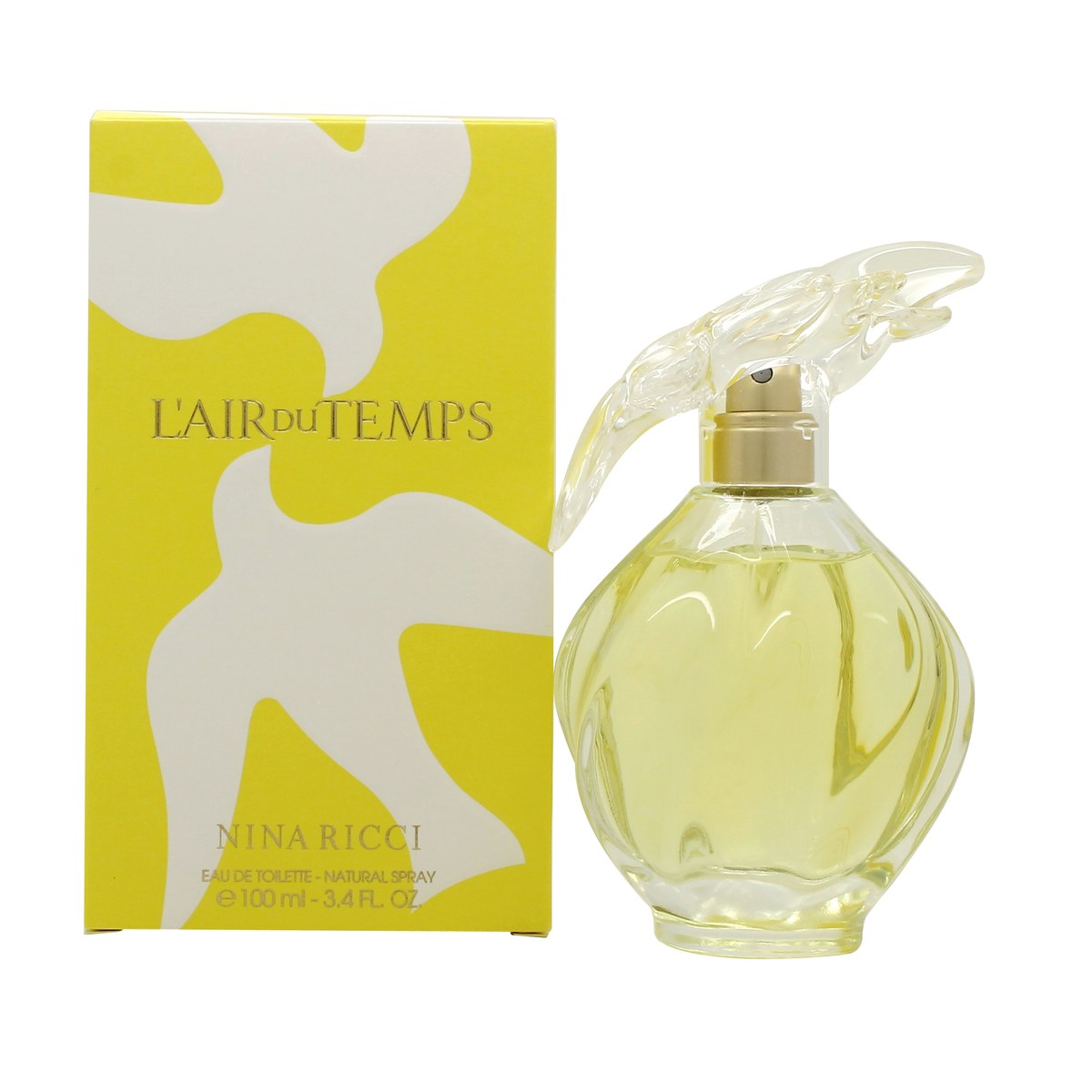L'Air Du Temps Eau De Toilette Nina Ricci 100 ml, klar glasflaske med rund form og låg med to hvide duer
