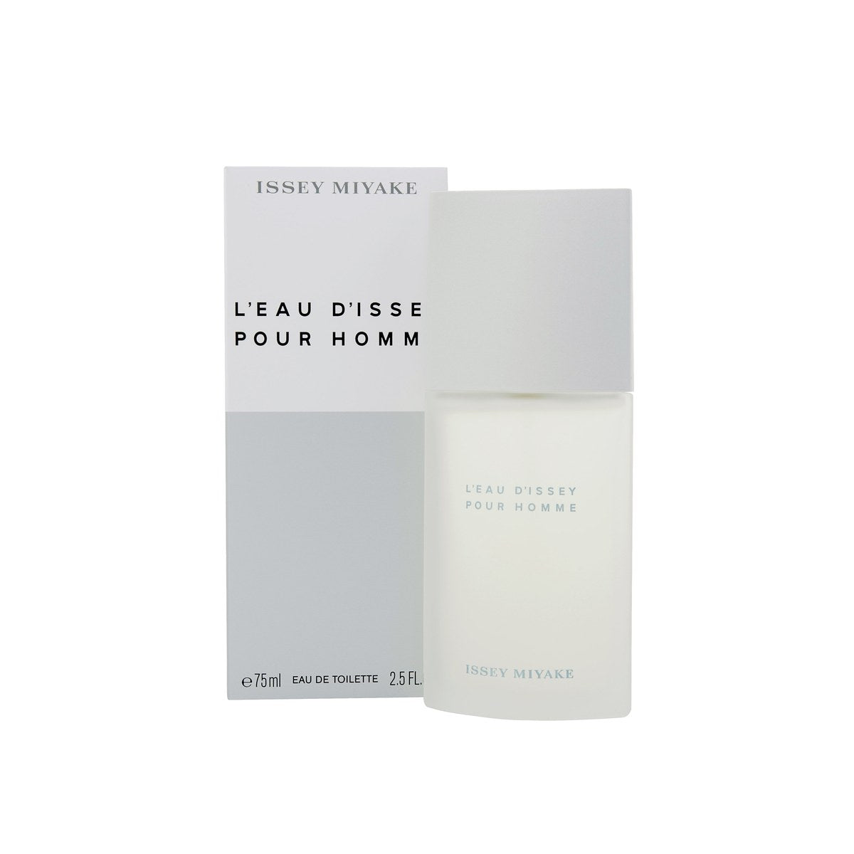 L'Eau D'Issey Pour Homme Eau De Toilette Issey Miyake 75 ml, slank flaske i mat glas med sølvgråt kegleformet låg og minimalistisk design