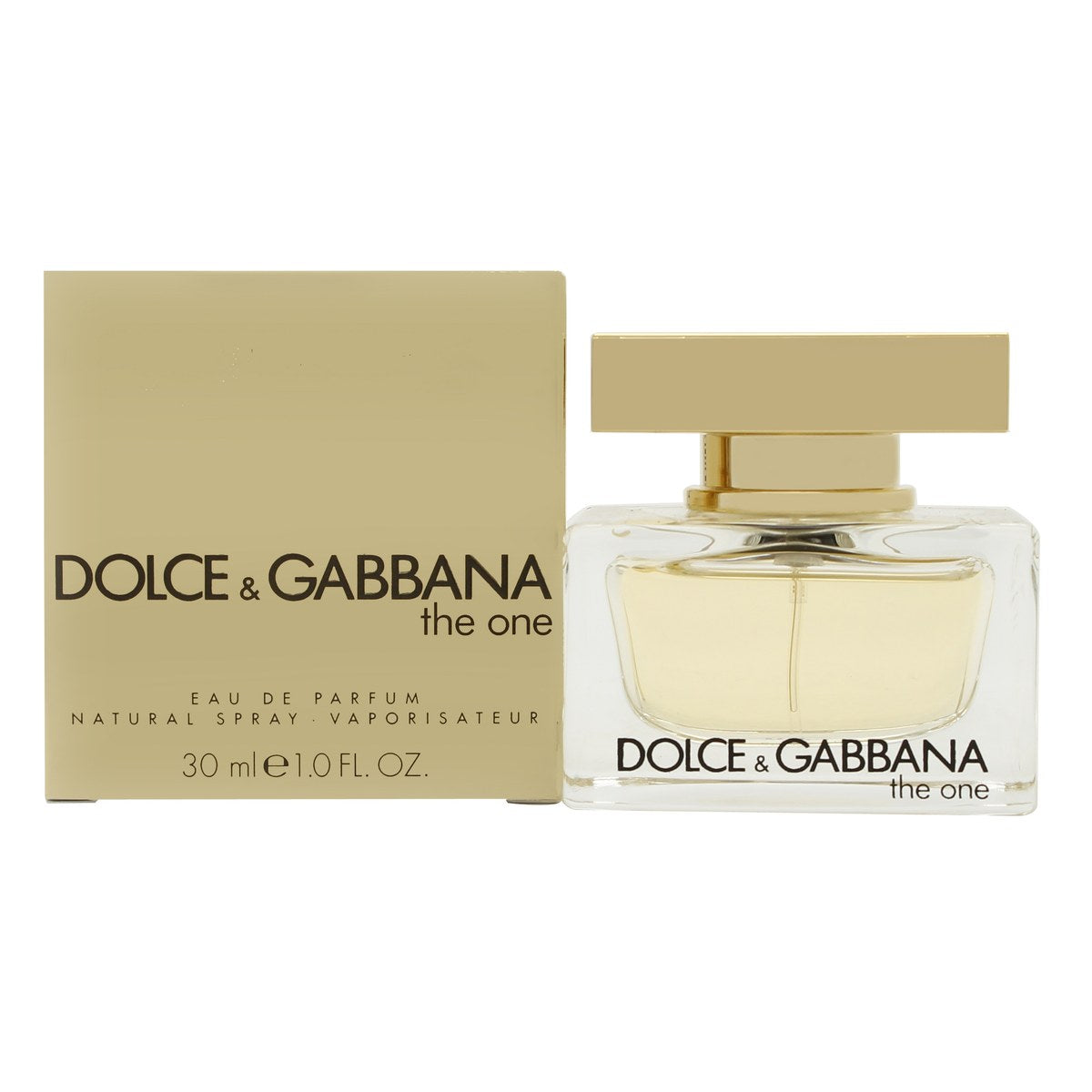 The One Eau De Parfum Dolce & Gabbana 30 ml klar rektangulær glasflaske med gylden væske og bred guldkappe