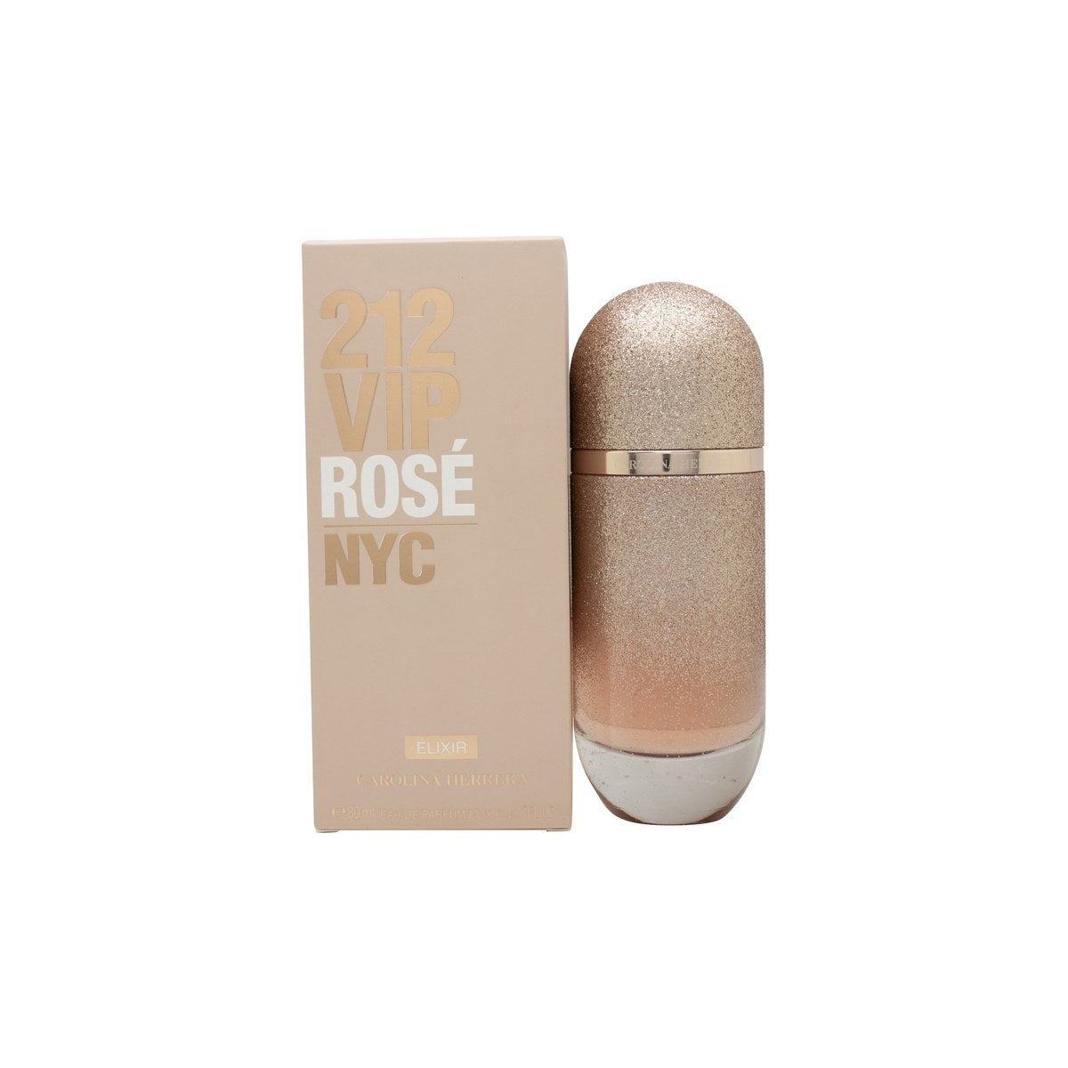 212 Vip Rosé Elixir Eau De Parfum, Carolina Herrera, 80 ml – lyserød glittergradient flaske med glat, afrundet metalform