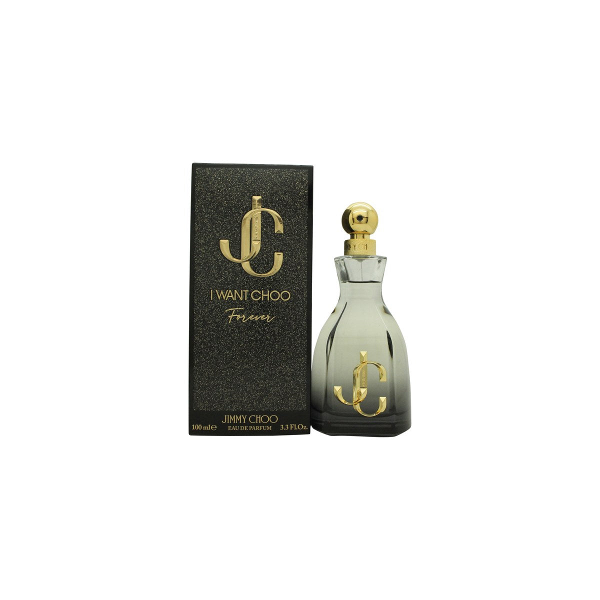 I Want Choo Forever Eau De Parfum, Jimmy Choo 100 ml – sort glitrende flaske med guldfarvet monogram, mørk stemning