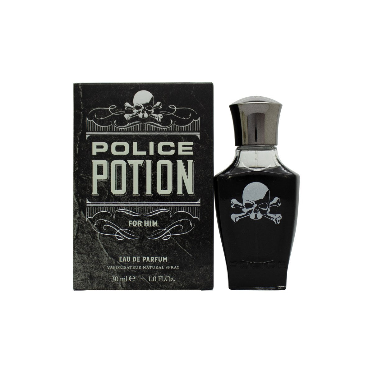 Police Potion For Him Eau de Parfum fra Police 30 ml i kranieformet mørk glasflaske med gulddetaljer og sort hætte