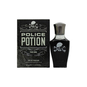 Police Potion For Him Eau de Parfum fra Police 30 ml i kranieformet mørk glasflaske med gulddetaljer og sort hætte
