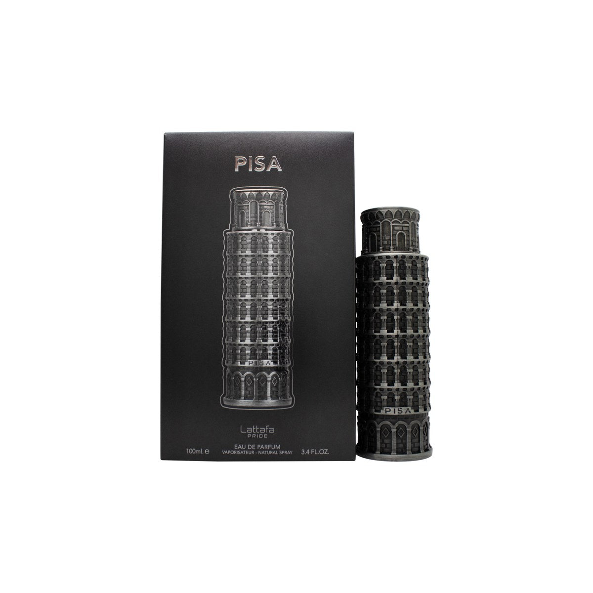 Lattafa Pisa Eau de Parfum 100 ml – rektangulær klar glasflakon med gyldent låg og mørkeblå etikette