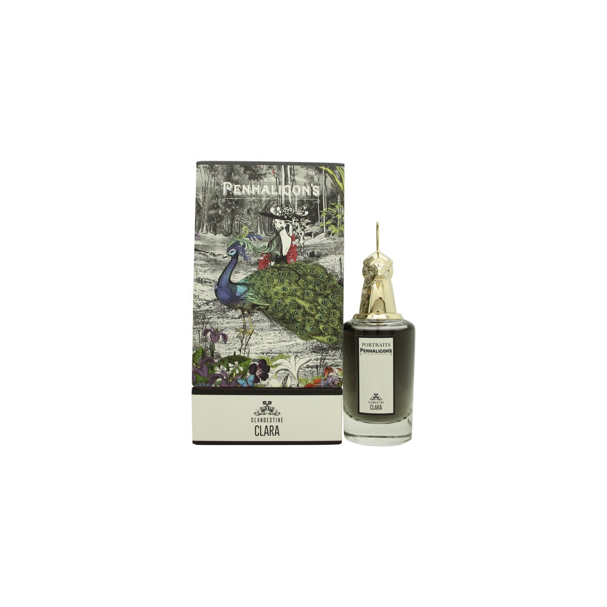 Penhaligon's Clandestine Clara Eau de Parfum 75 ml – mørk ravfarvet glasflakon med gyldent låg og sort sløjfe