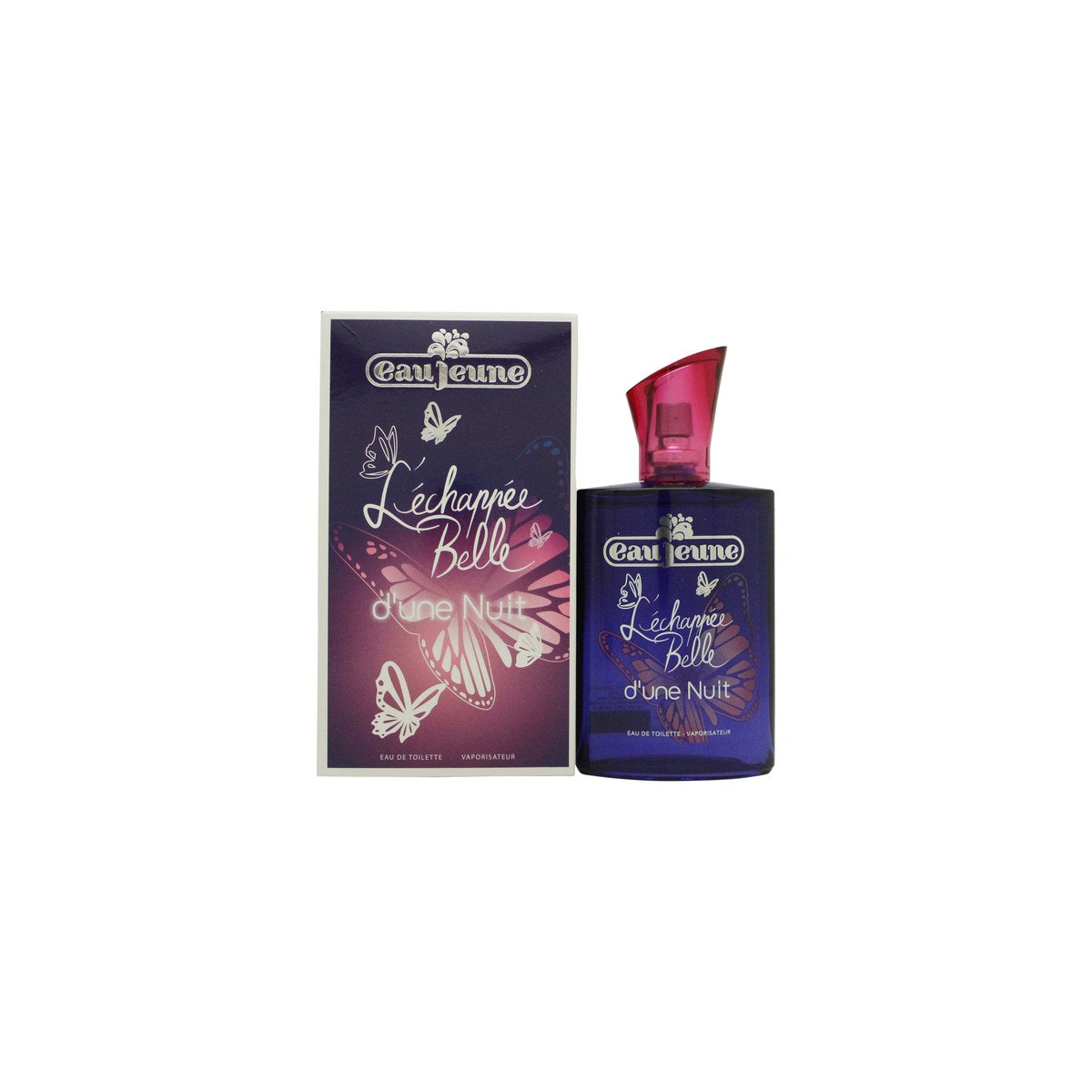 Eau Jeune L'Échappée Belle d'une Nuit Eau de Toilette 75 ml, slank rosa-lilla glasflaske med sølvhals og rund prop