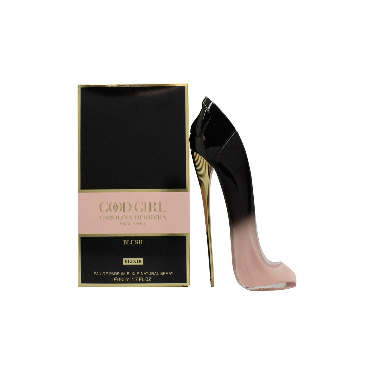 Good Girl Blush Elixir Eau De Parfum, Carolina Herrera, 50 ml stilettoformet flakon i rosa ombre med gylden hæl.
