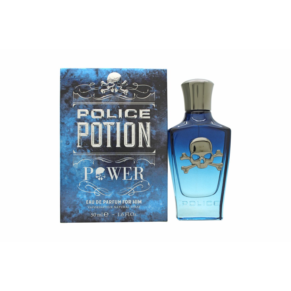Police Potion Power Eau de Parfum 50 ml fra Police – mørk kranieformet flakon i tonet glas med gulddetaljer og markant design.