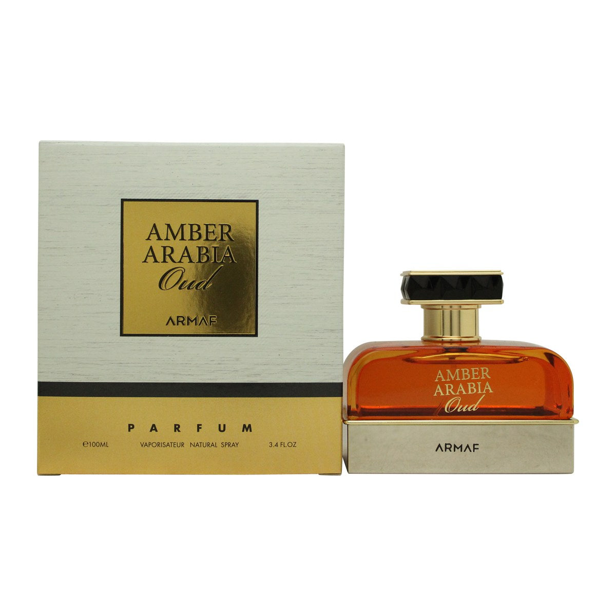 Armaf Amber Arabia Oud Pour Homme Eau de Parfum 100 ml – mørk ravfarvet flakon med gyldent låg og orientalsk design.