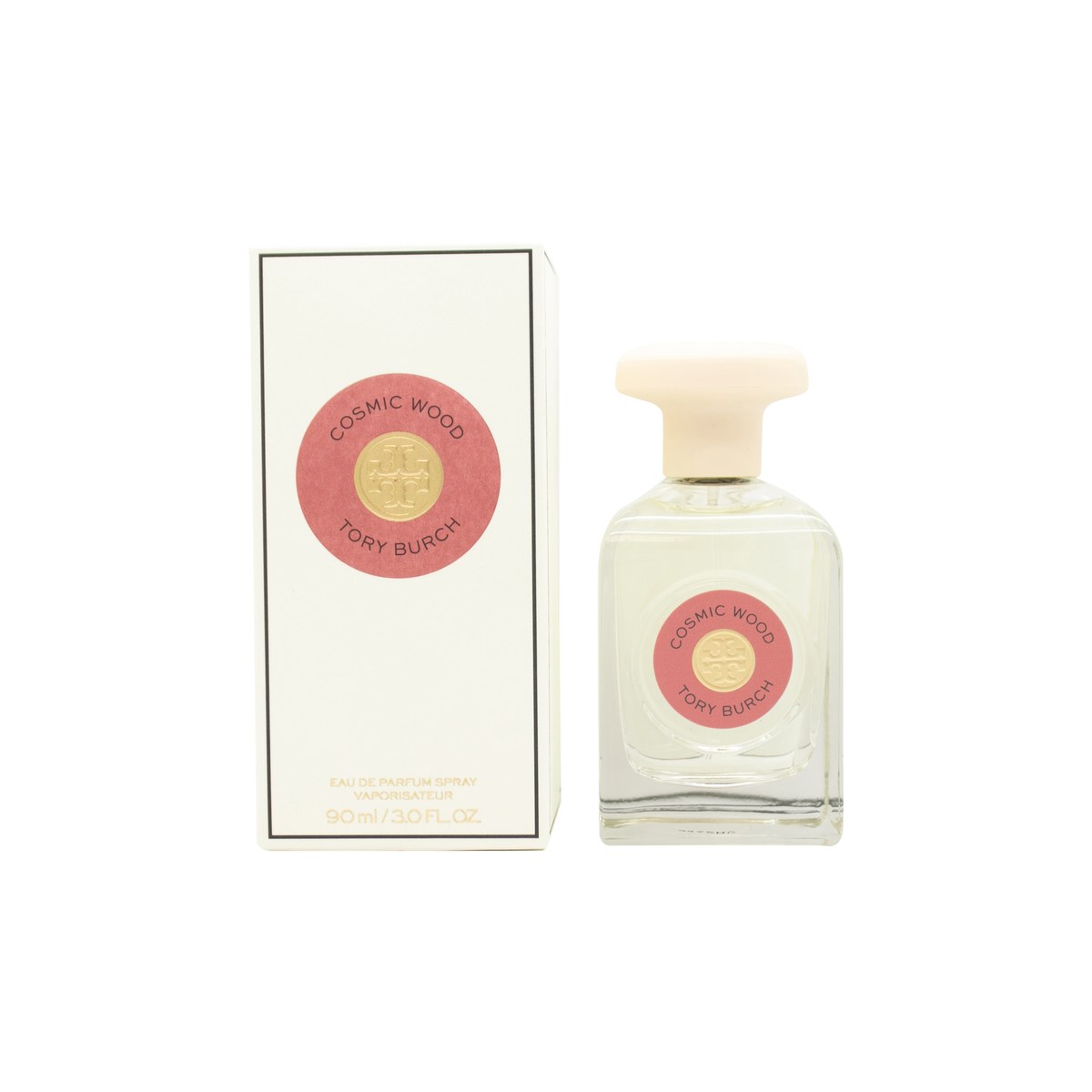 Tory Burch Cosmic Wood Eau de Parfum 90 ml – klar glasflaske med lyserød duft og guldfarvet låg i afrundet design
