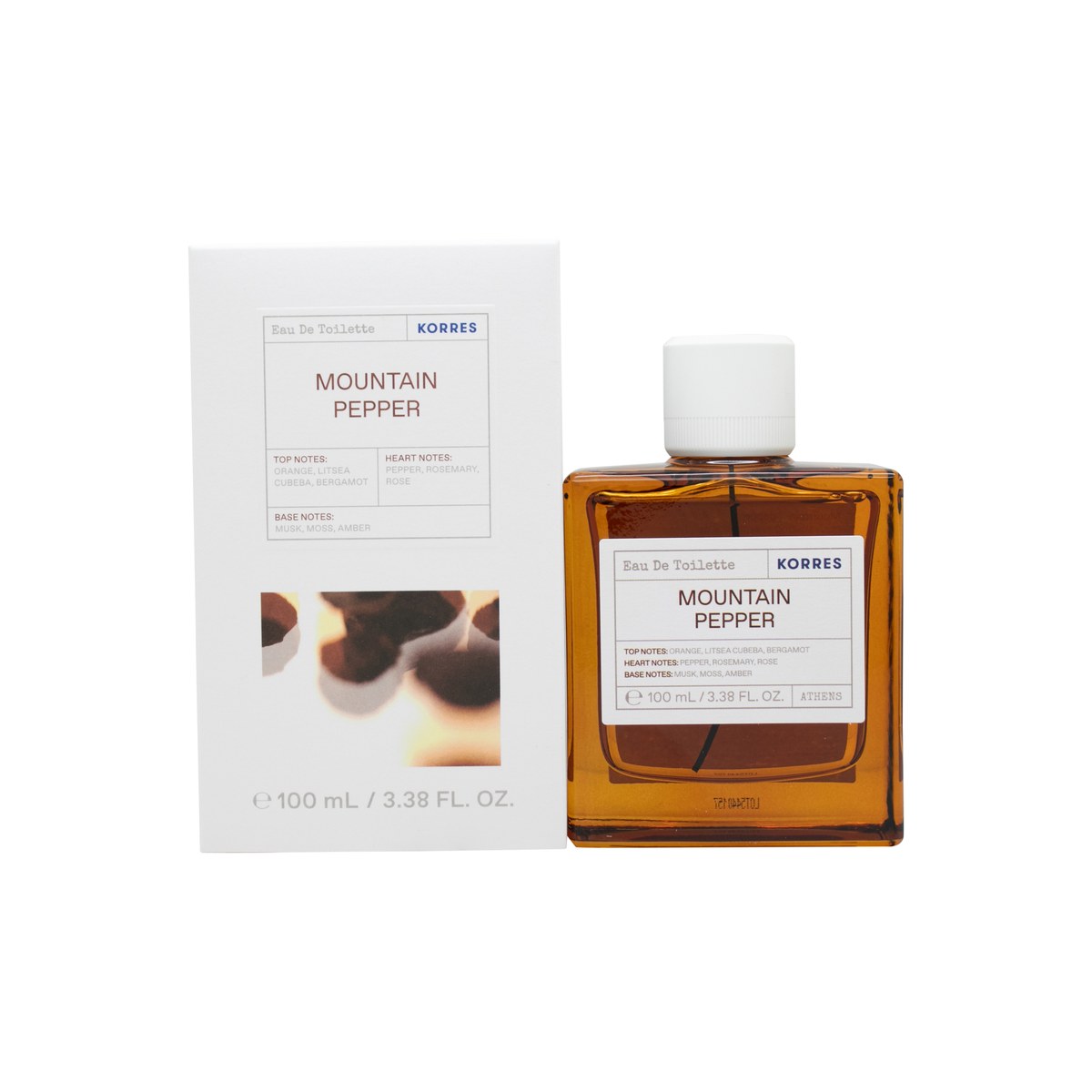 Korres Mountain Pepper Eau de Toilette 100 ml – rektangulær klar glasflaske med sort låg og enkel hvid etiket