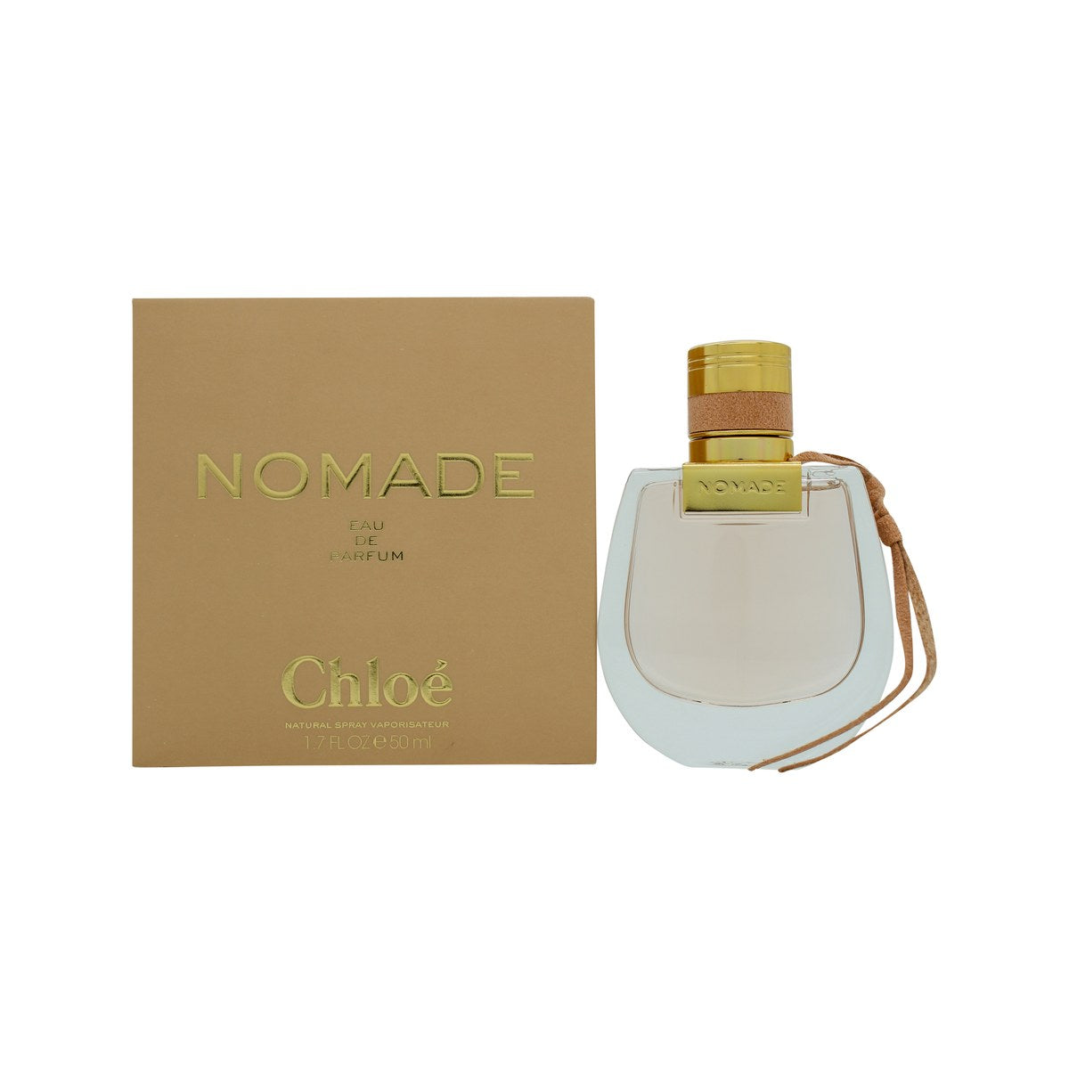 Nomade Eau De Parfum Chloé 50 ml, oval glasflaske med gylden duft, bløde kurver, beige låg med knudedetalje